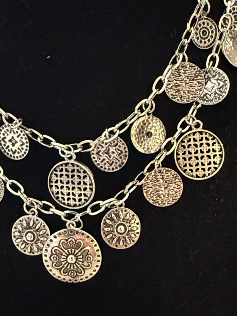 Vintage Silver Tone Coin Beaded Double Layered Choker Statement Necklace - Picture 2 of 3